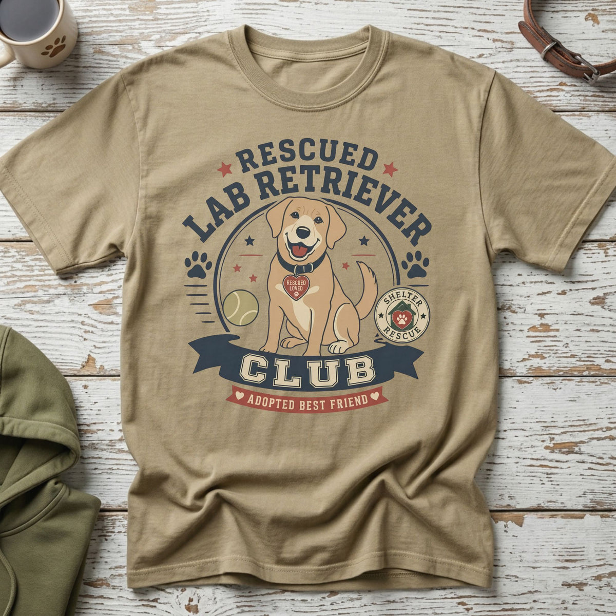 T-shirt with "Rescued Lab Retriever Club Adopted Best Friend" graphic.
