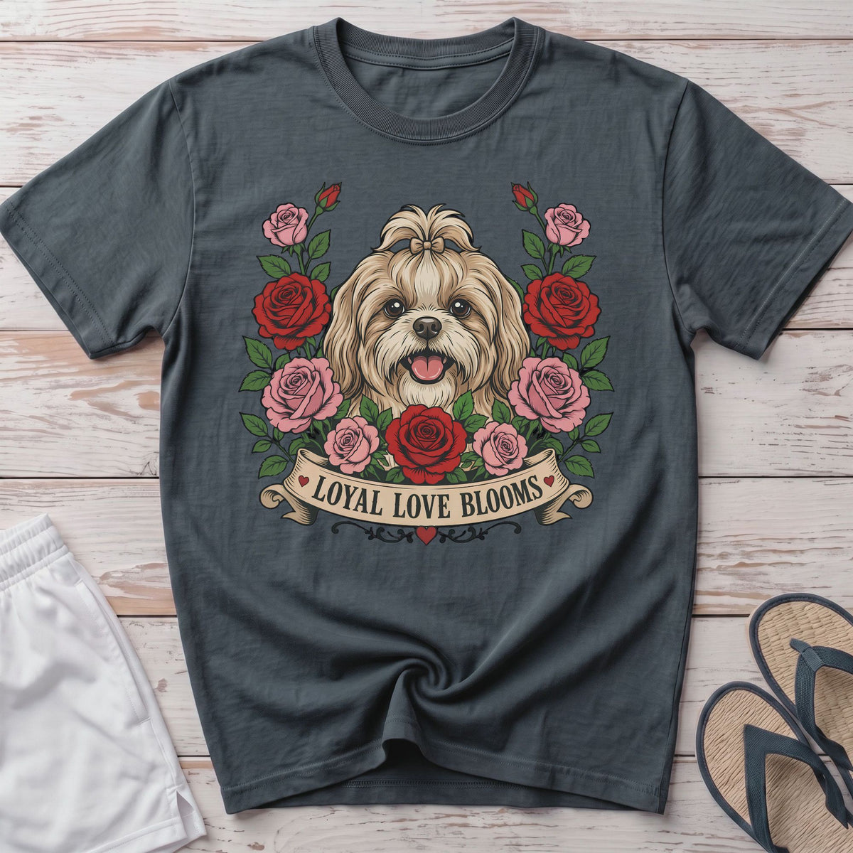 Shih Tzu dog with roses and banner saying "LOYAL LOVE BLOOMS" on t-shirt.