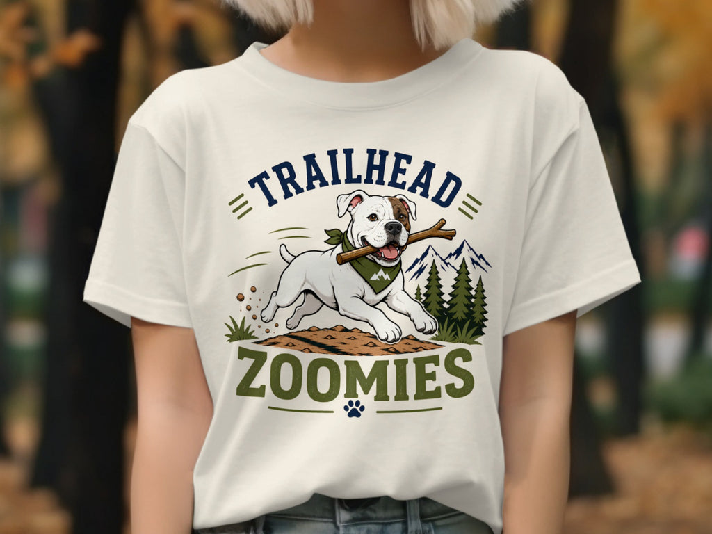 White t-shirt with dog running with stick, "TRAILHEAD ZOOMIES" text, mountains, and trees.