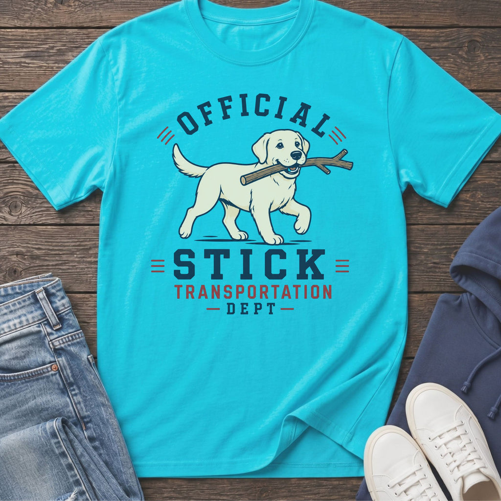 Aqua t-shirt with yellow lab carrying stick, text "Official Stick Transportation Dept".