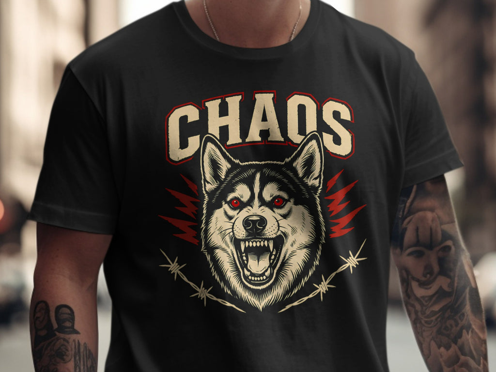 Black t-shirt with a snarling wolf graphic and the word "CHAOS".