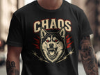 Black t-shirt with a snarling wolf graphic and the word "CHAOS".