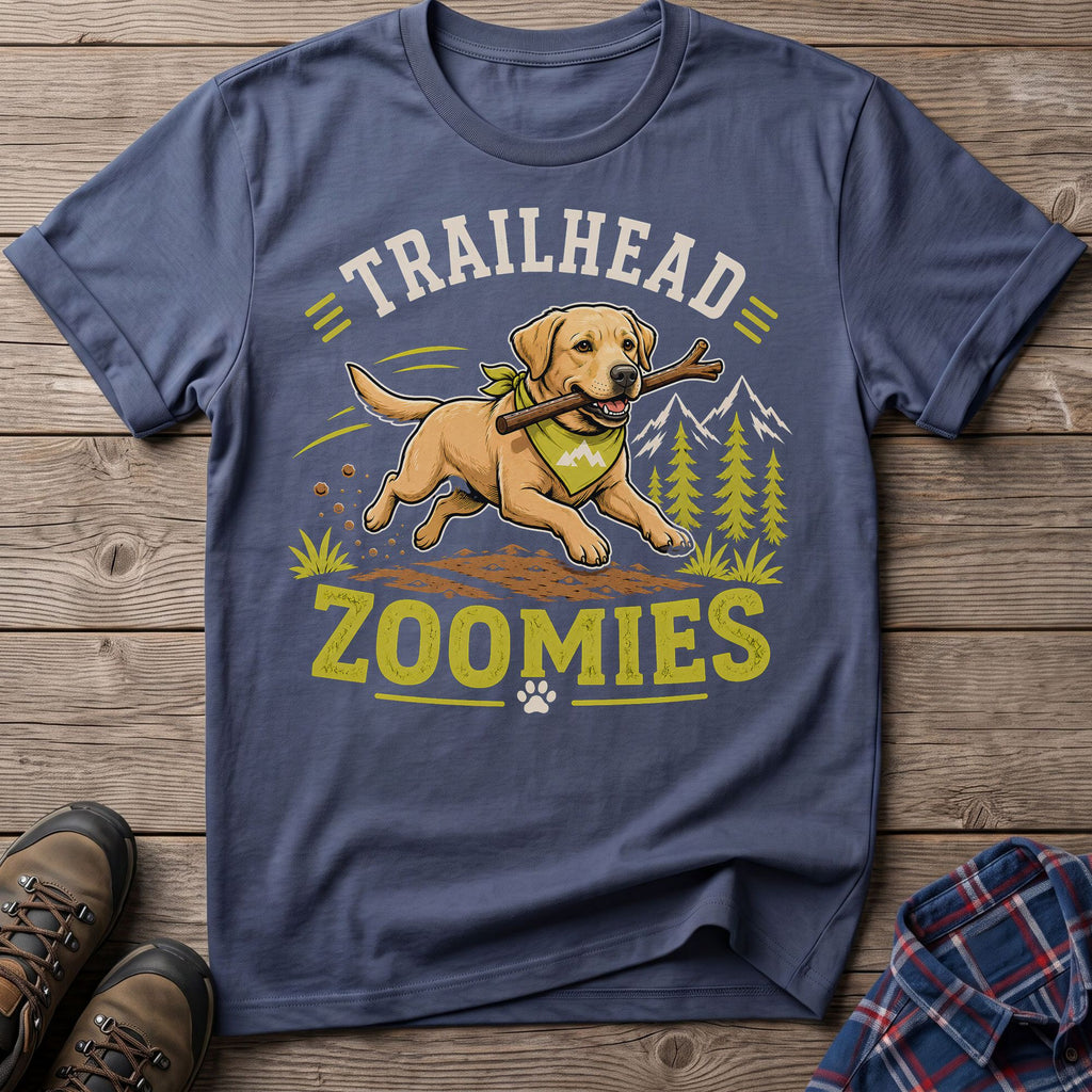 T-shirt graphic of a labrador running with a stick, text "Trailhead Zoomies".