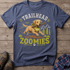T-shirt graphic of a labrador running with a stick, text "Trailhead Zoomies".