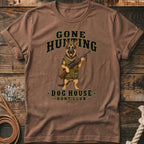 German Shepherd with rifle and text "Gone Hunting Dog House Hunt Club".