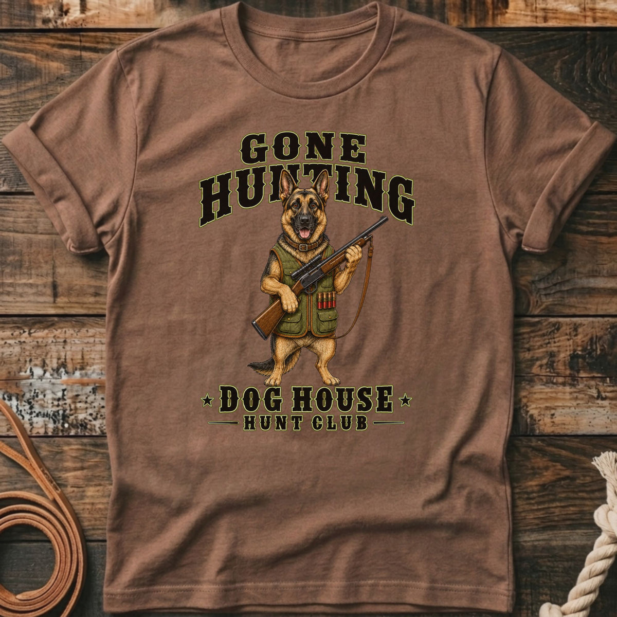 German Shepherd with rifle and text "Gone Hunting Dog House Hunt Club".
