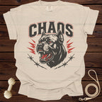 Light beige t-shirt with a graphic of a snarling dog and the word "CHAOS".