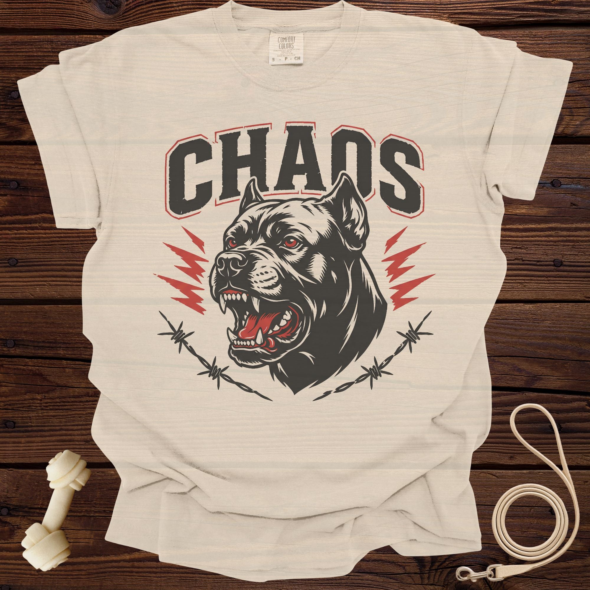 Light beige t-shirt with a graphic of a snarling dog and the word "CHAOS".