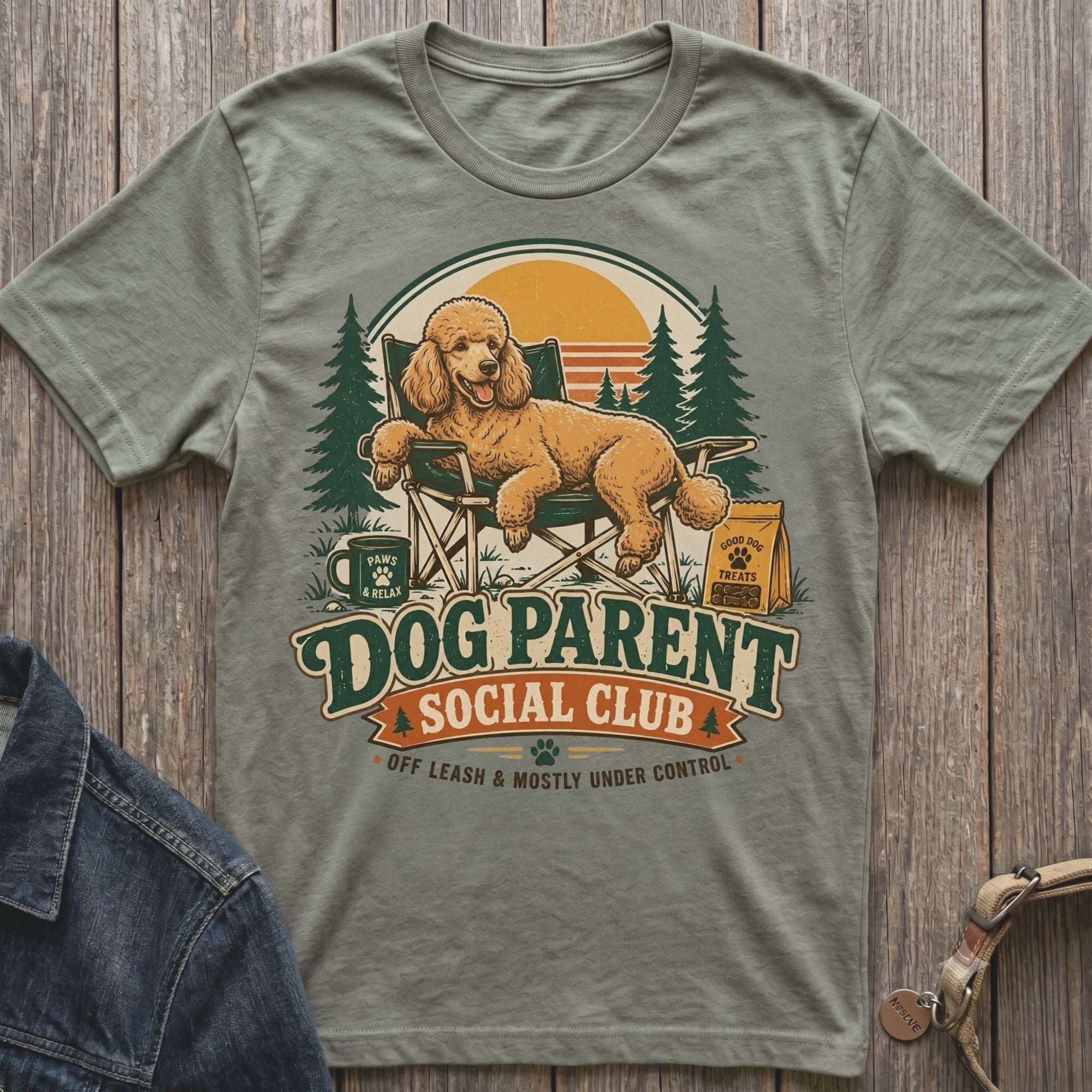 T-shirt with a poodle lounging in a camping chair, "Dog Parent Social Club" text.