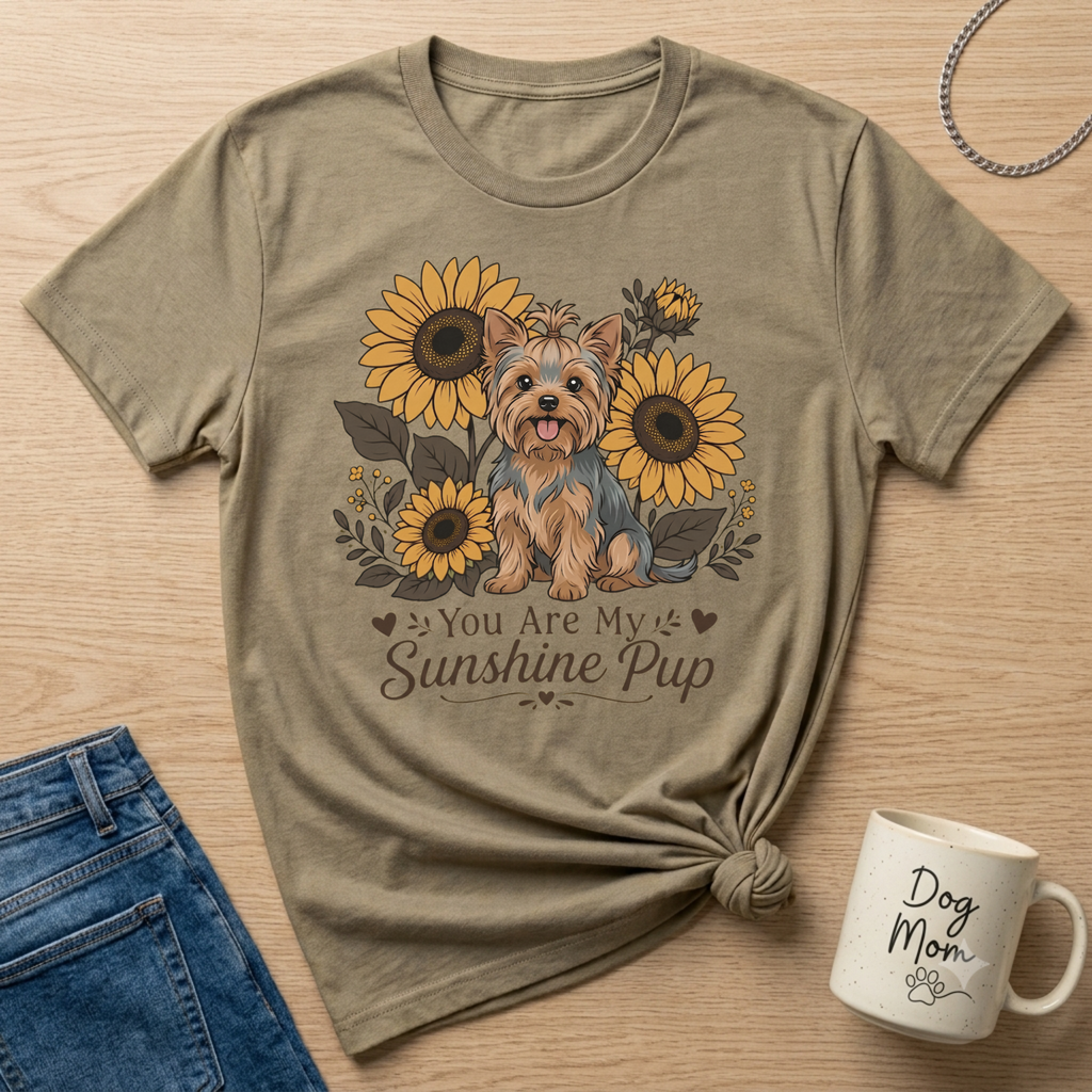 Yorkshire Terrier surrounded by sunflowers with text "You Are My Sunshine Pup."