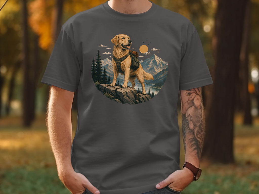 Golden retriever wearing a backpack on a mountain cliff with a lake and mountains behind.