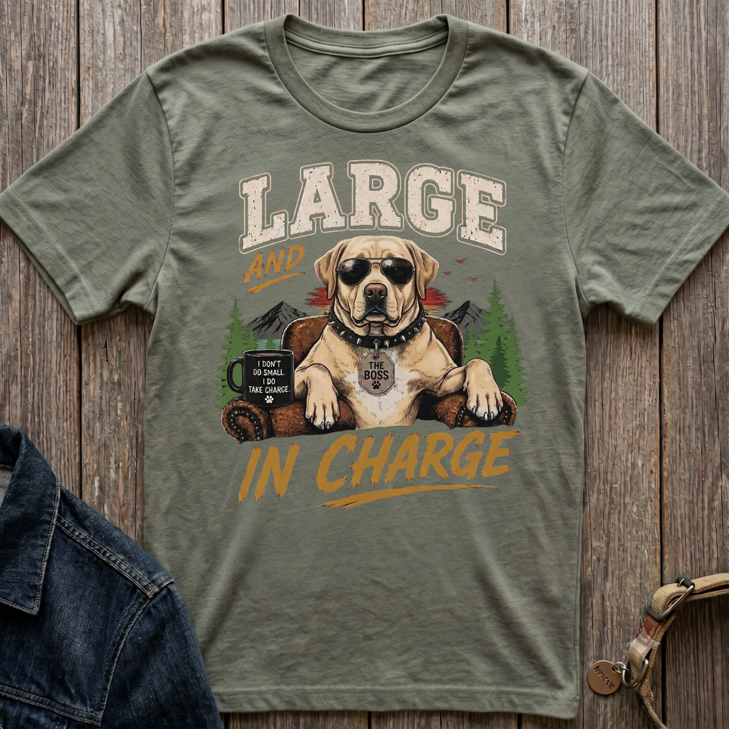 Green t-shirt with graphic of dog wearing sunglasses and collar that says "The Boss".