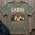Green t-shirt with graphic of dog wearing sunglasses and collar that says "The Boss".