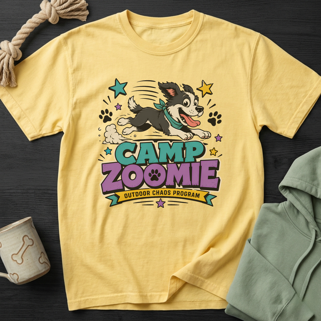 Yellow t-shirt with "CAMP ZOOMIE OUTDOOR CHAOS PROGRAM" graphic and running dog.