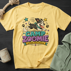 Yellow t-shirt with "CAMP ZOOMIE OUTDOOR CHAOS PROGRAM" graphic and running dog.