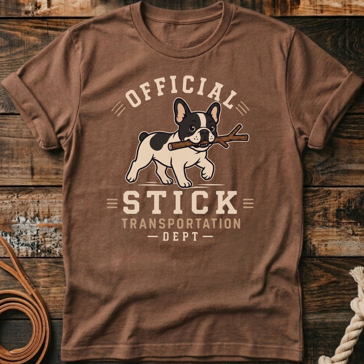 Brown t-shirt with "Official Stick Transportation Dept" text and a French Bulldog graphic.