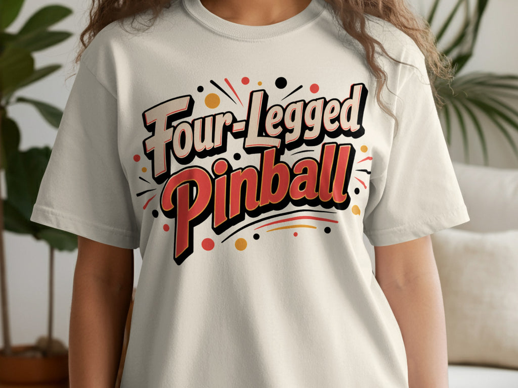 Cream t-shirt with retro text design reading "Four-Legged Pinball".