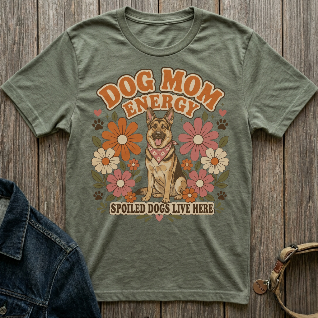 Green t-shirt with "Dog Mom Energy" and a German Shepherd surrounded by retro flowers.