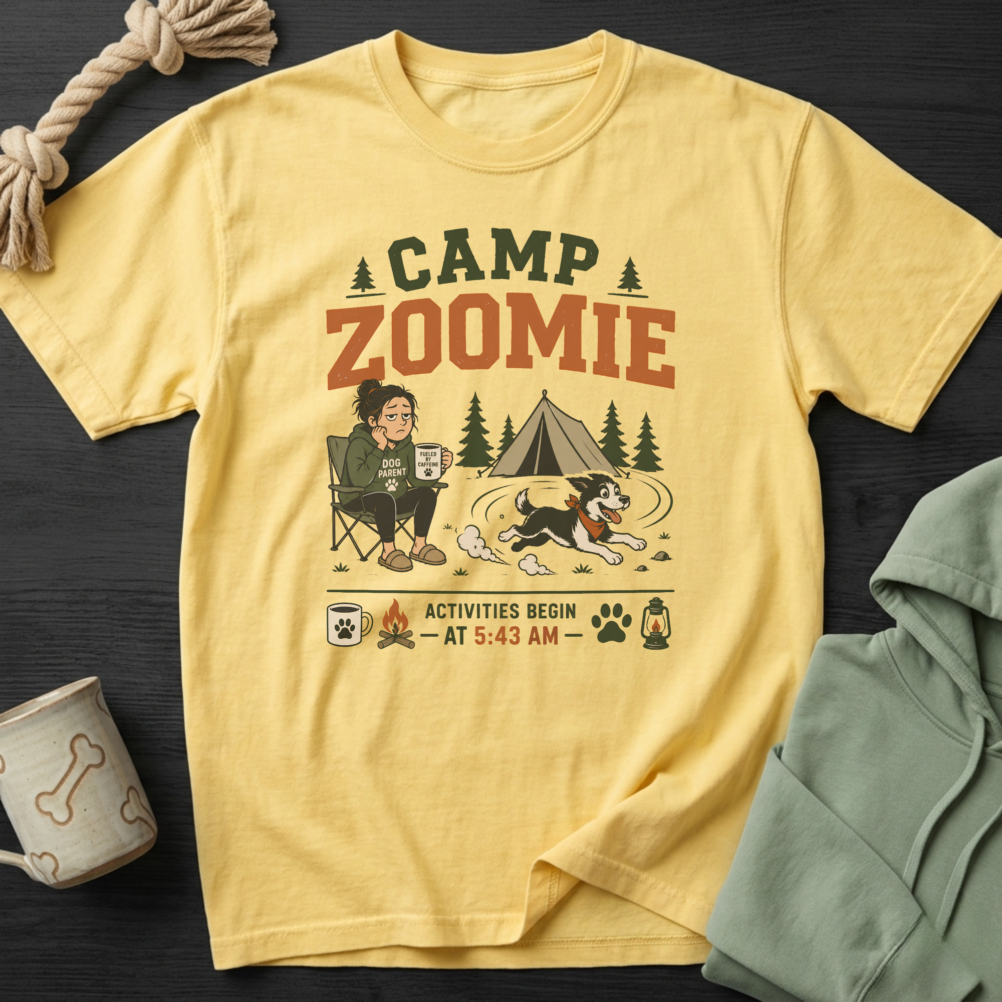 Yellow t-shirt graphic: CAMP ZOOMIE, dog parent, dog running, tent, activities begin at 5:43 AM.