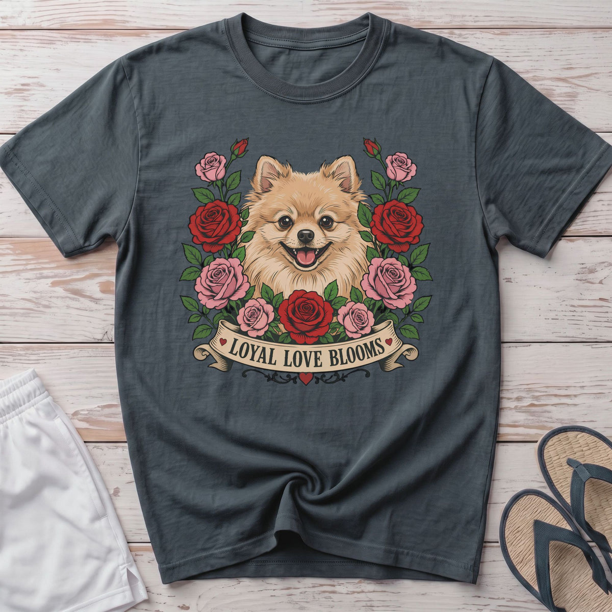 Pomeranian dog with roses and text "LOYAL LOVE BLOOMS" on a dark grey t-shirt.
