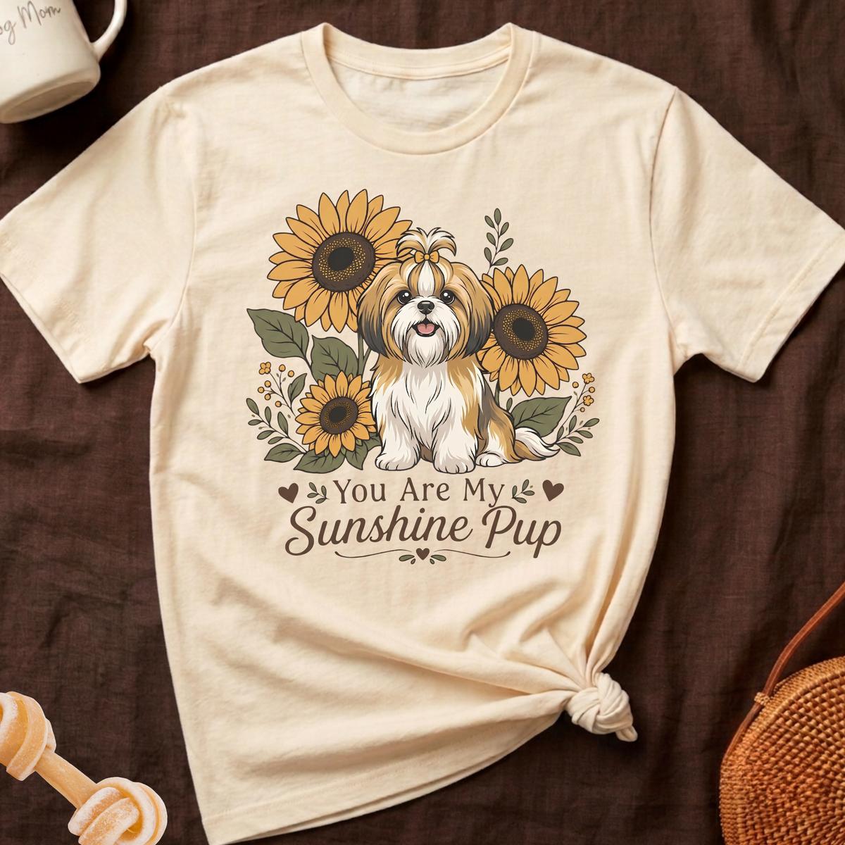 Cream t-shirt with Shih Tzu dog, sunflowers, and text "You Are My Sunshine Pup".