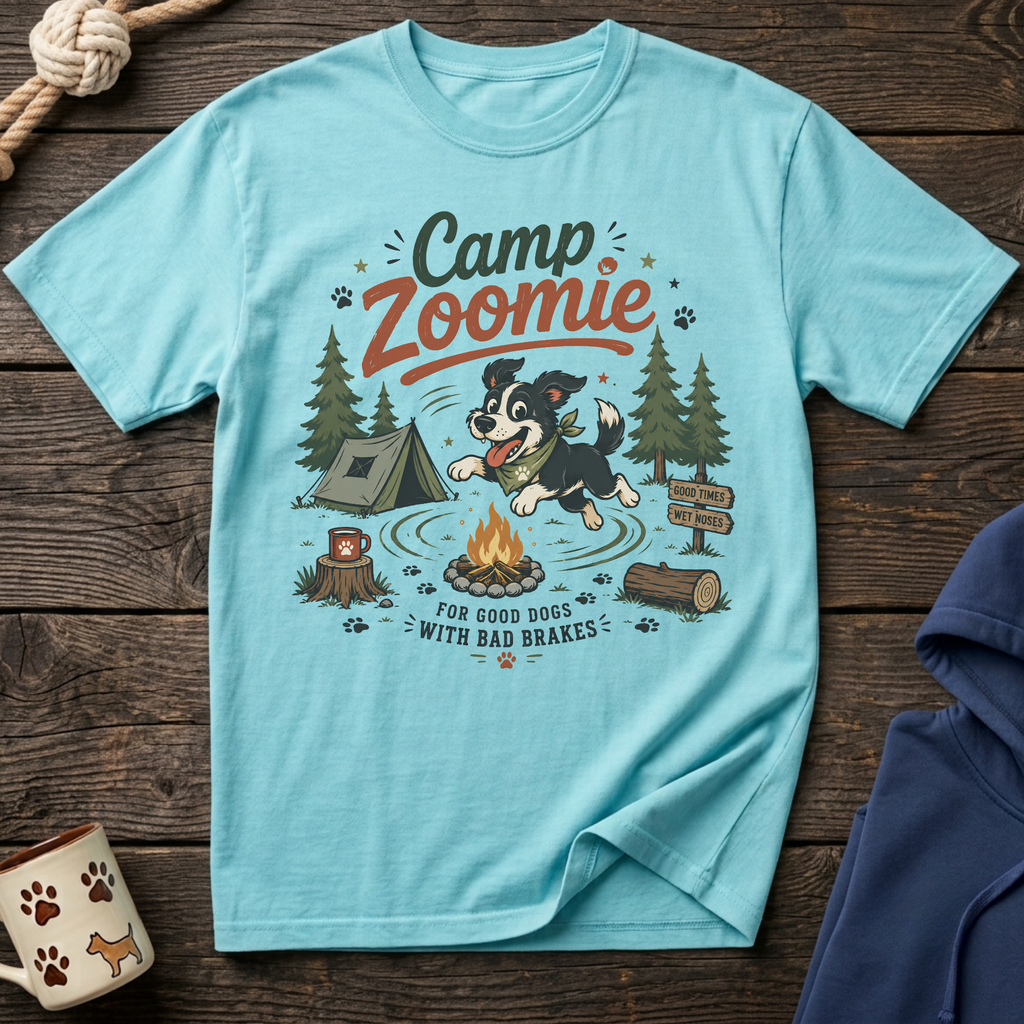 Camp Zoomie t-shirt with a dog jumping over a campfire, pine trees, and tent.