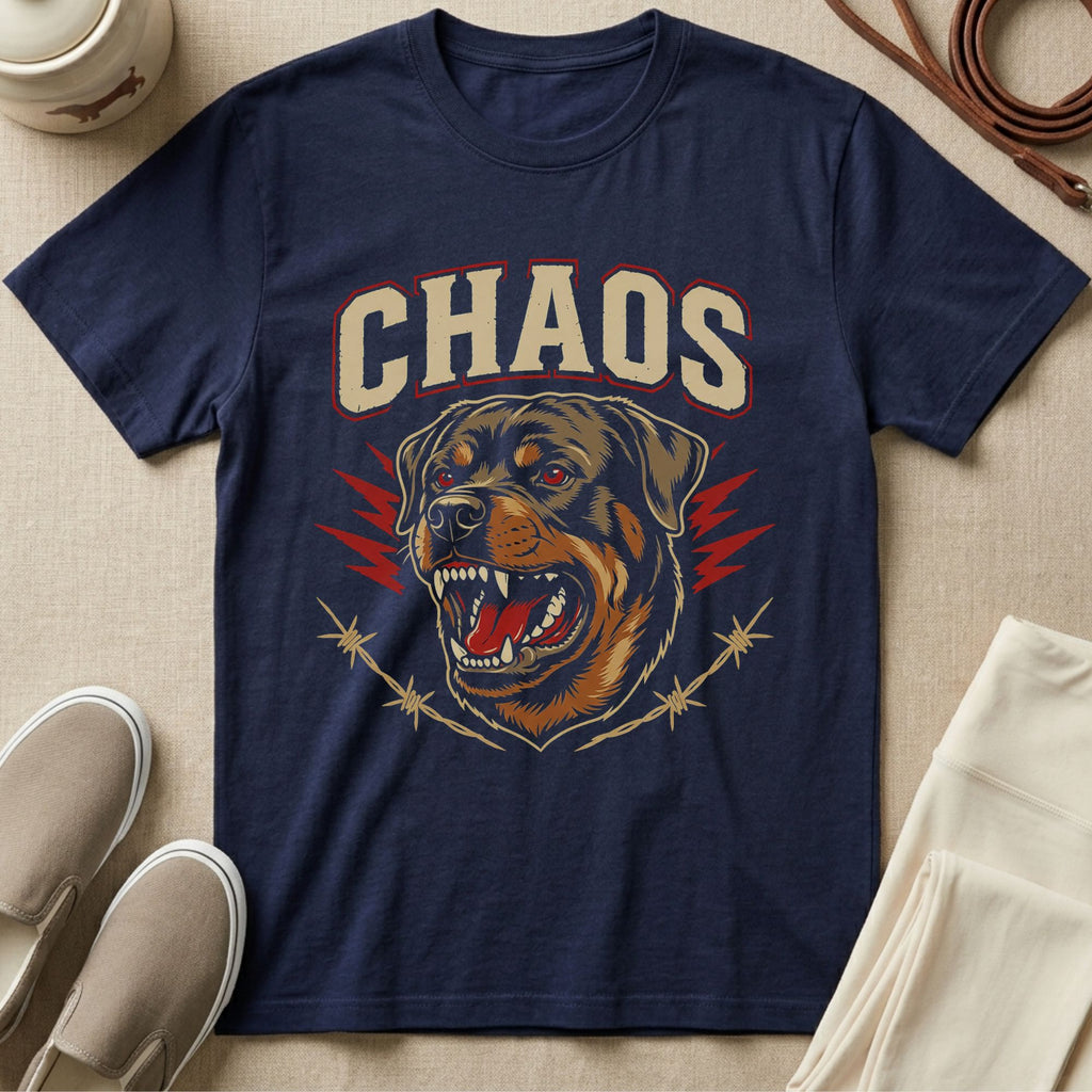 Navy t-shirt with a Rottweiler head graphic and "CHAOS" text.