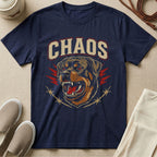 Navy t-shirt with a Rottweiler head graphic and "CHAOS" text.