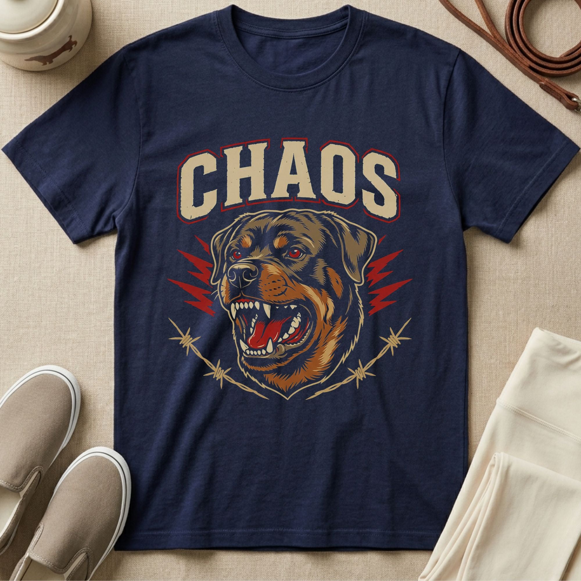 Navy t-shirt with a Rottweiler head graphic and "CHAOS" text.