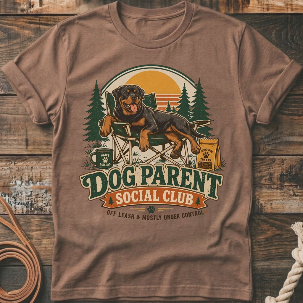 Brown t-shirt with Rottweiler lounging in a camp chair, "Dog Parent Social Club" text.