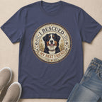 Navy t-shirt with a circular graphic of a Bernese Mountain Dog and text "I Rescued My Best Friend."