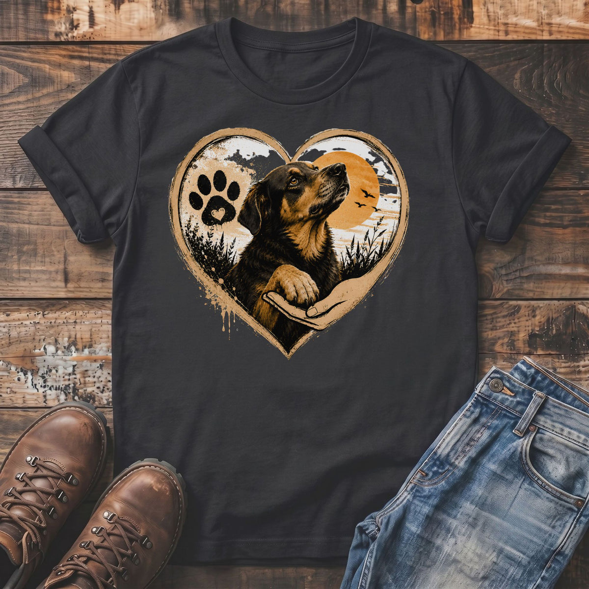 T-shirt with a heart graphic of a dog looking up at a sunset, paw print above.