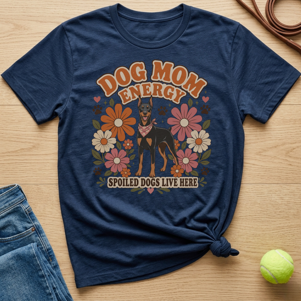 Navy t-shirt with "Dog Mom Energy" and "Spoiled Dogs Live Here" text with Doberman.