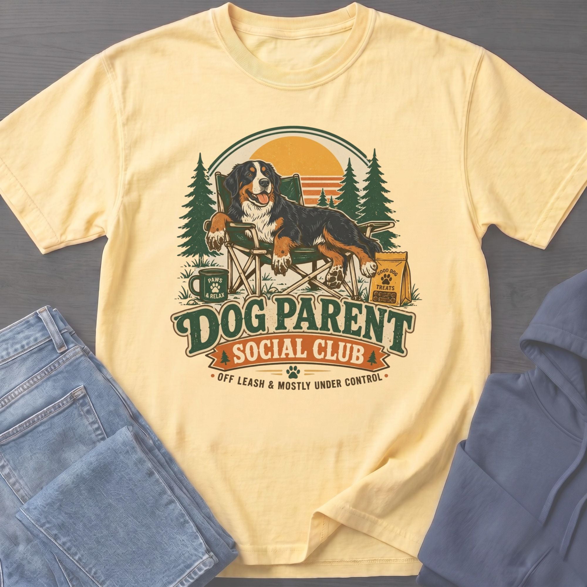 Bernese Mountain Dog relaxing in a chair, "Dog Parent Social Club" text.