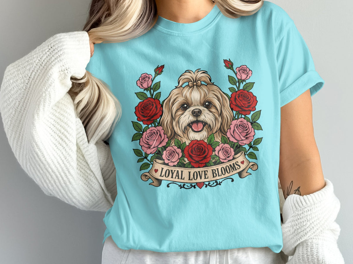 Shih Tzu dog surrounded by roses with text "LOYAL LOVE BLOOMS" on banner.