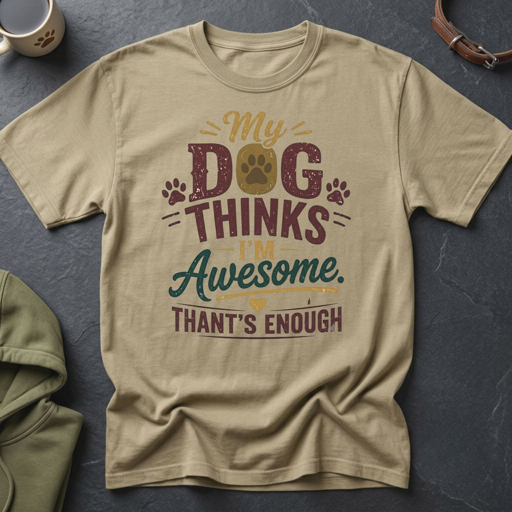 Tan t-shirt with "My Dog Thinks I'm Awesome. That's Enough" text.