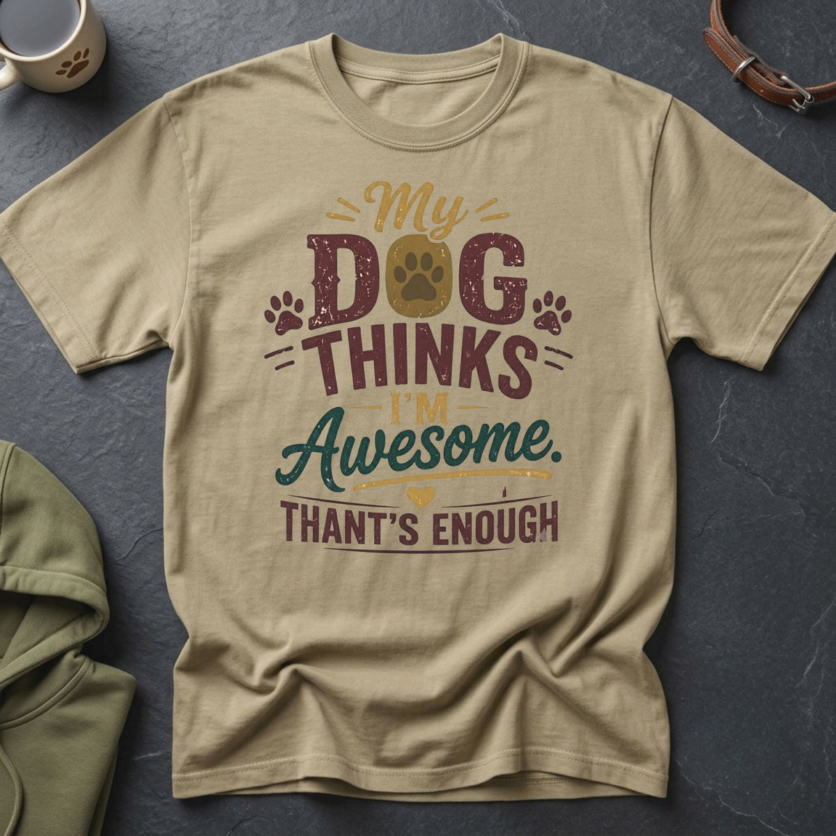 Tan t-shirt with "My Dog Thinks I'm Awesome. That's Enough" text.