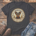 Dark t-shirt with a circular graphic of a Yorkshire Terrier that reads "I RESCUED MY BEST FRIEND".