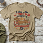 Tan t-shirt with "Rescued Wiener Dog Society Long Body, Longer Love" text and a dachshund.