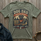 Dog Dad Department shirt with a dog graphic and text: Belly Rubs, Walks, Treats.