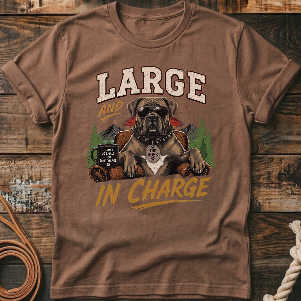 Brown t-shirt with "LARGE AND IN CHARGE" text and a dog wearing sunglasses.