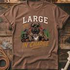 Brown t-shirt with "LARGE AND IN CHARGE" text and a dog wearing sunglasses.
