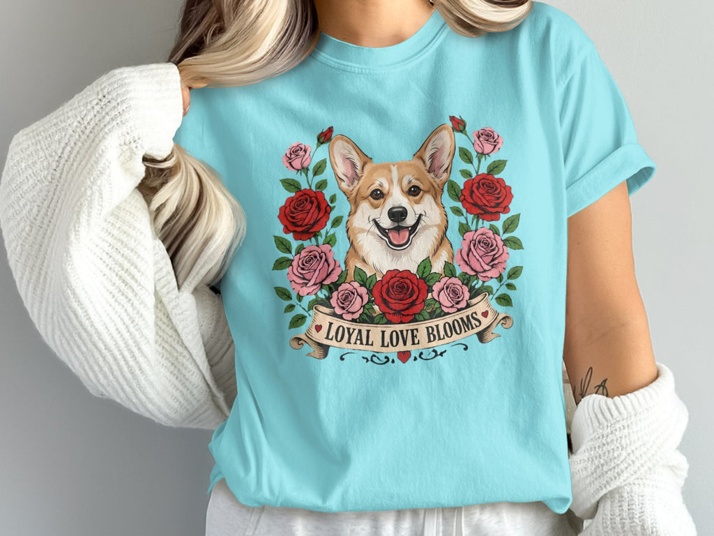 Corgi surrounded by roses with "Loyal Love Blooms" banner on a light blue t-shirt.