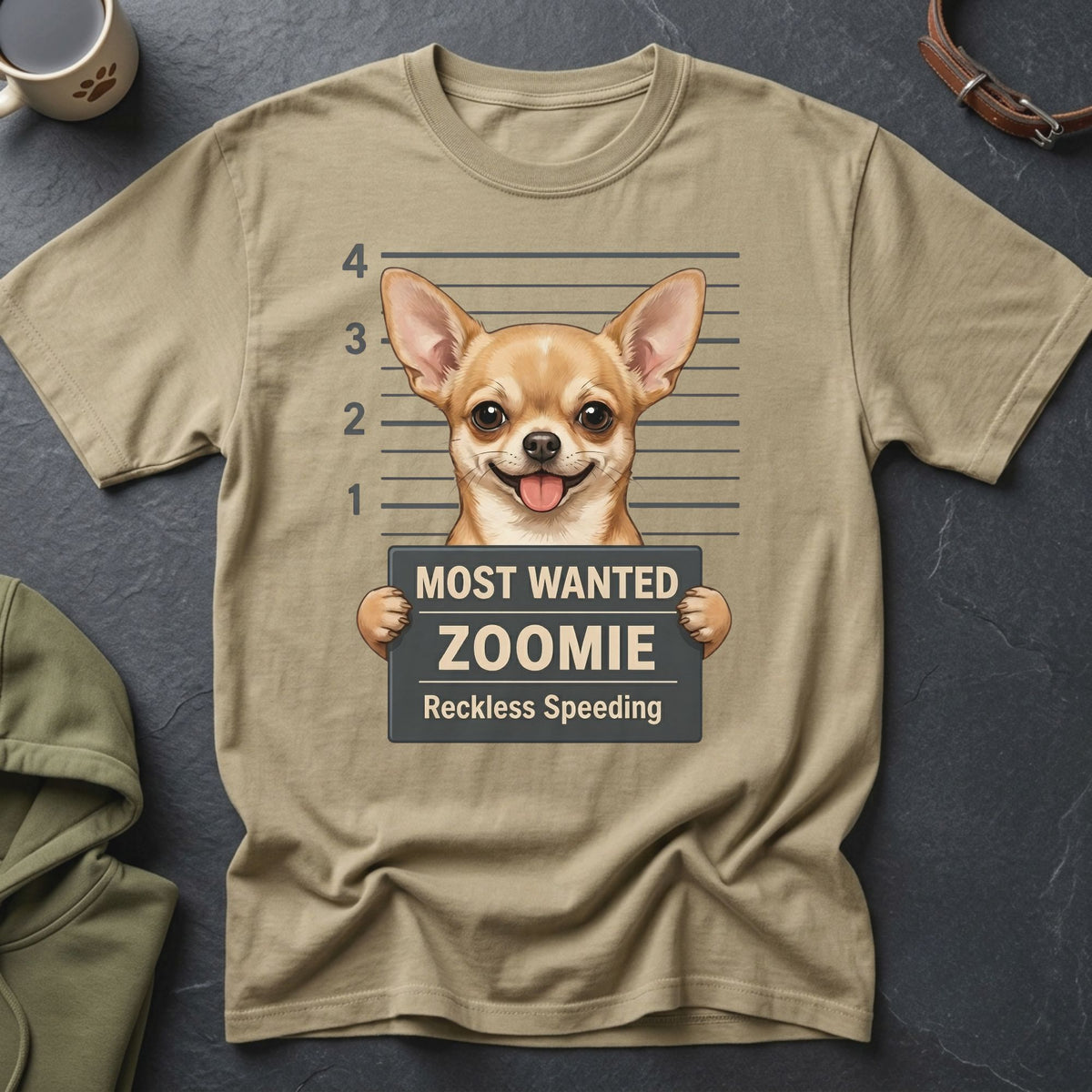 Tan t-shirt with a Chihuahua mugshot graphic reading "Most Wanted Zoomie Reckless Speeding."