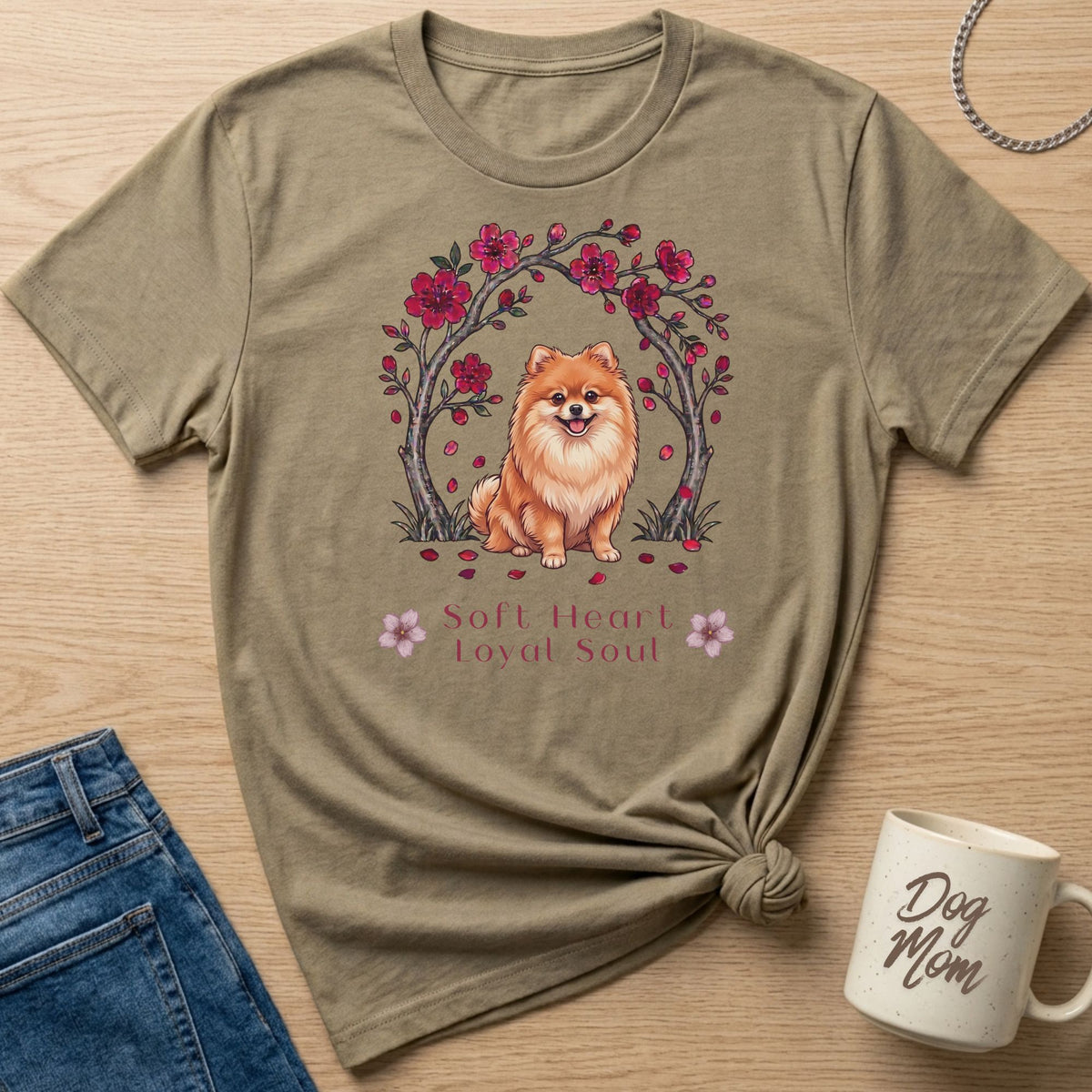 T-shirt with Pomeranian dog and floral design, reads "Soft Heart Loyal Soul".