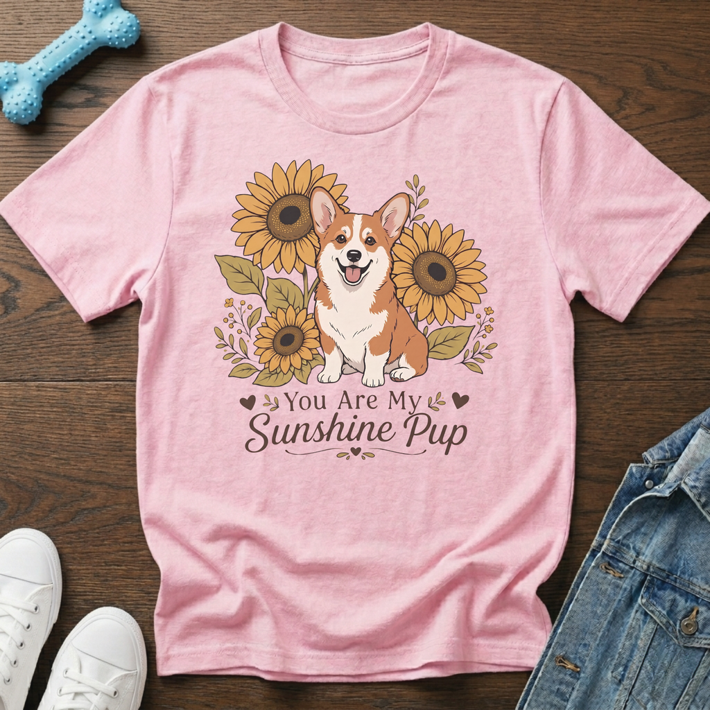 Pink t-shirt with corgi and sunflowers graphic reading "You Are My Sunshine Pup".