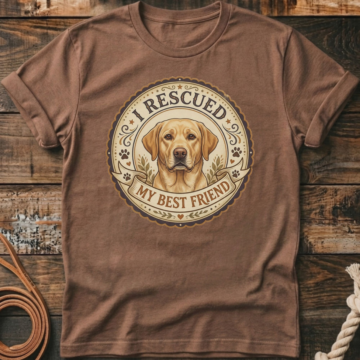 Brown t-shirt with a circular design featuring a yellow lab and text "I RESCUED MY BEST FRIEND".