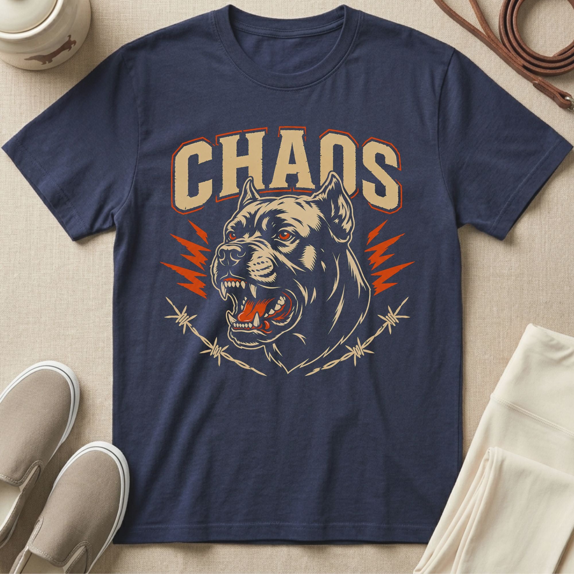 Navy t-shirt with "CHAOS" text and a pitbull head graphic with barbed wire.