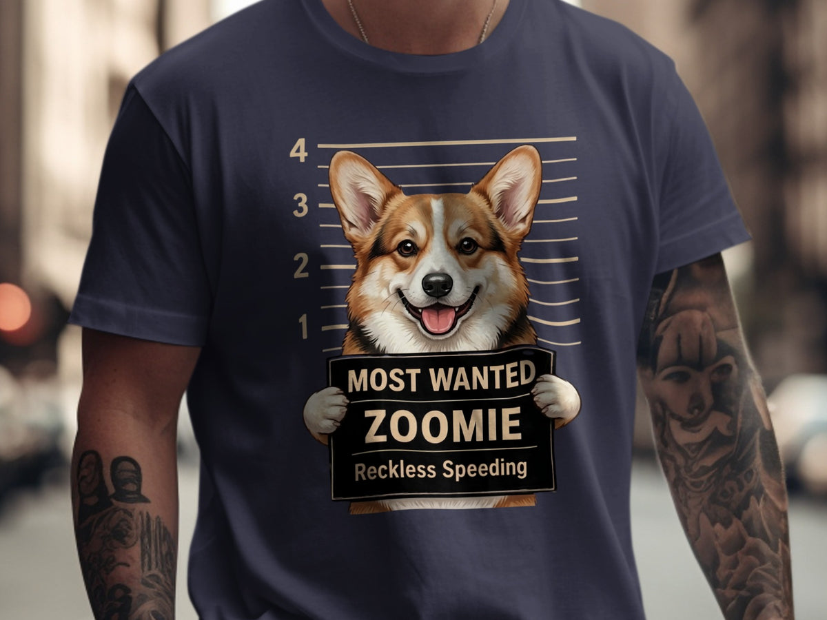Corgi mugshot on t-shirt reads "Most Wanted Zoomie Reckless Speeding".