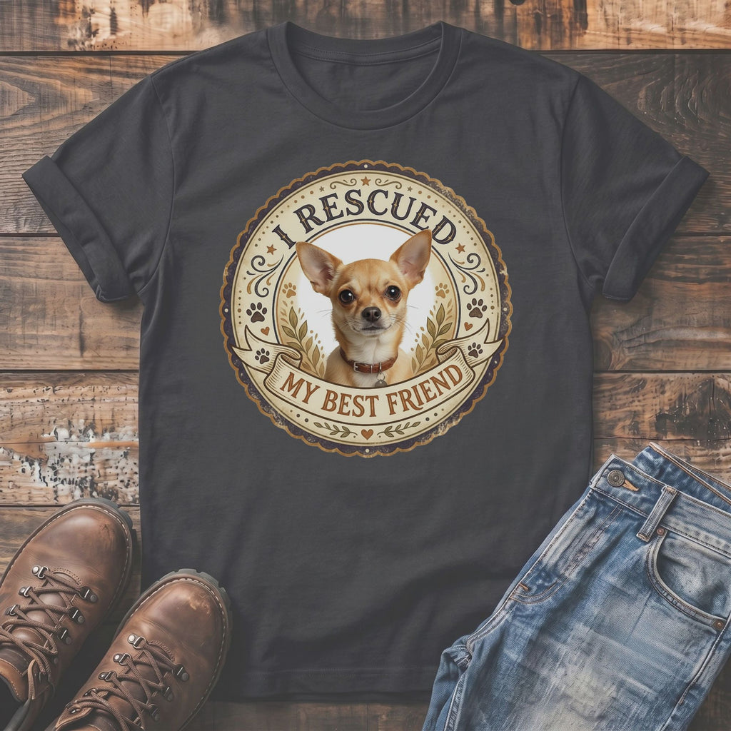 Dark grey t-shirt with a circular graphic of a chihuahua and the text "I RESCUED MY BEST FRIEND."
